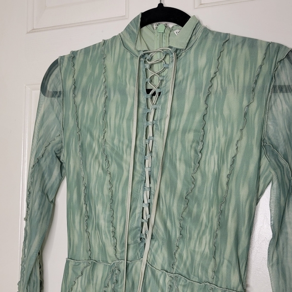 House of CB 'Dylan' Green Colour Ivy Printed Mesh Lace Up Mini Dress - Picture 12 of 14